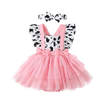 0-24M Baby Girls Summer Romper suknelė Skraidančios rankovės karvės atspaudas Tiulio lopinėlis Romperis su galvos apdangalo derinimo apranga