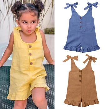 1-6Y Nauja mergaitė Medvilniniai lininiai drabužiai Mergaitės Ruffle Romper Vaikų kombinezonas Vasaros berankovių kombinezonai Apranga