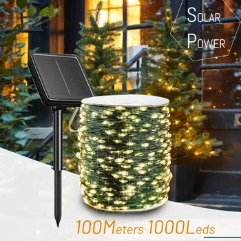 100M lauko saulės energija varoma girlianda LED fėjų styginiai žibintai 8 režimų vandeniui atspari sodo terasos lempa Kalėdų stovyklos apšvietimui Dekoras
