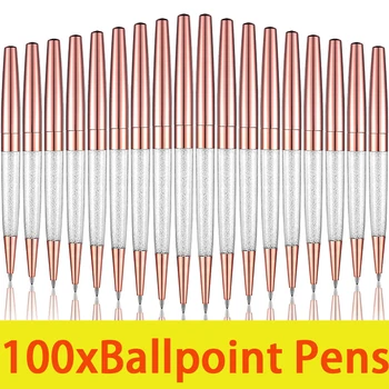 100Pcs Crystal Diamond Pen Bling Slim Tušinukas su juodu rašalu mokyklinėms biuro reikmenims (rožinis auksas)