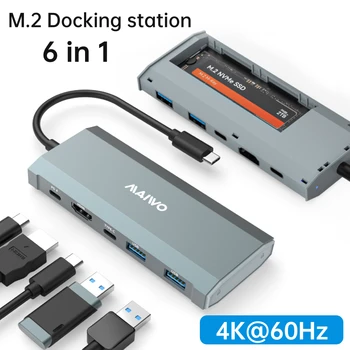 10Gbps 6 in 1 USB C ŠAKOTUVAS su M.2 NVMe/SATA SSD korpusas 4K HDMI 100W PD USB 3.1 prijungimo stotis Macbook nešiojamojo kompiuterio planšetiniam kompiuteriui