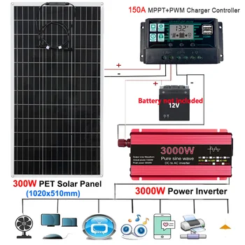 110V/220V Maitinimo sistema 300W PET saulės kolektorius + 150A įkrovimo valdiklis + 3000W 12V 220V keitiklio galios generavimo rinkinys namams lauke