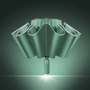 12-Bone LED lempa Visiškai automatinis atvirkštinis skėtis Vyrų ir moterų sulankstomas lietus ir lietus Dvejopo naudojimo didelis skėtis
