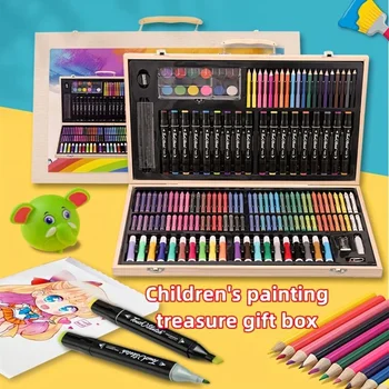 180 Medinių dėžučių žymeklių piešimo rašiklių rinkinys, 1 medinė dėžutė Vaikų akvarelės pieštukų rinkinys, pieštukai, akvarelės pieštukai