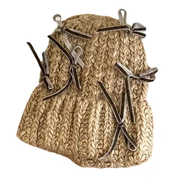 1PC Universali megzta skrybėlė Aksominė lanko vilna Moterys Megzta skrybėlė Beanie Mados fėjos atmosfera Šiltas saldus