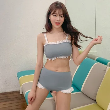 2021 Naujo korėjietiško stiliaus moteriškų maudymosi kostiumėlių fėja Korėjos konservatyvus lieknėjimo viršelis Bikini Dviejų dalių kieti maudymosi kostiumėliai