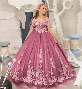 2023 Gėlių mergaitės suknelė vestuvėms Aplikacijos petnešos Tiulis Pūkuotas gimtadienio vakarėlis Vaikai Vaikų fotosesija Kamuolinė suknelė Prom suknelė