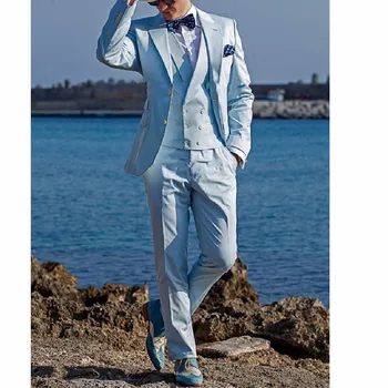 2023 Naujai atvykę jaunikiai Notch Lapel Groom Tuxedos Baby Blue Vyriški kostiumai Vestuvės Geriausias vyriškas švarkas ( Švarkas+Kelnės+Kaklaraištis+Liemenė ) 2022