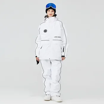 2023 Naujas grynai baltas juodas slidinėjimo kostiumas vyrams Moterys Žiemos lauko vėjo atsparus vandeniui šiltas sniegas Drabužiai Pora slidinėjimo komplektas