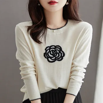 2023 Nauji vienspalviai siuvinėjimai Gėlių marškinėliai Moteriški drabužiai Rudens mada Laisvi laisvalaikio megztiniai Visi derantys korėjietiški marškinėliai
