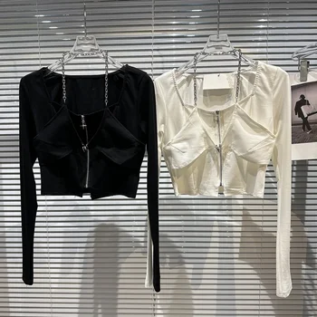 2023 Pavasaris Nauji marškinėliai Trumpa moterų mada Kabantis kaklas Temperamentas Netikras dviejų dalių aukštos kokybės balta juoda