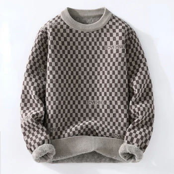 2023 Rudens naujas vyriškas megztinis apvaliu kaklu megztinis Pledas Spalvotas susidūrimo raidės Žakardo dizainas Gatvės mada