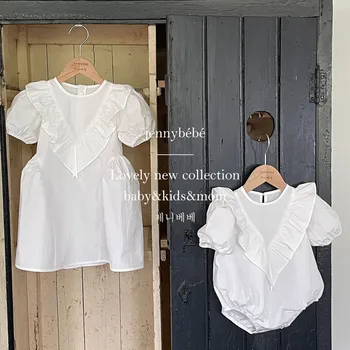 2023 Summer Ins Princess White Dress Little Girls Short Puff Sleeve Rompers Baby Birthday Bodysuit Kids Outfits Sister Look