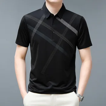 2023 Summer New Lapel Marškinėliai trumpomis rankovėmis Vyriški dryžuoti verslo mados laisvalaikio ploni marškinėliai