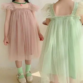 2023 Vasaros apranga Vaikiški drabužiai Vaikiškos suknelės Korėjietiškas Mielas tinklelis Be rankovių nėrinių Kūdikių princesės suknelė mergaitėms Drabužiai BC482