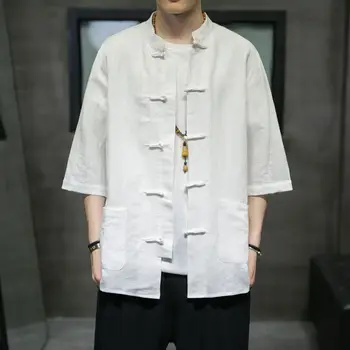 2023 Vyriški kiniško stiliaus Hanfu marškiniai Vyriškos viršūnės Tango kostiumas Lininis tvirtas tradicinis Kung Fu marškinėliai Vyriški medvilniniai Kimono marškiniai M-5XL