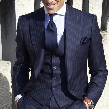 2023 Vyriški kostiumai Stripe Blazer vestuvinis vyriškas jaunikis Smokingo kostiumas su kelnėmis 3 dalys (švarkas+kelnės+liemenė) Kostiumas Homme