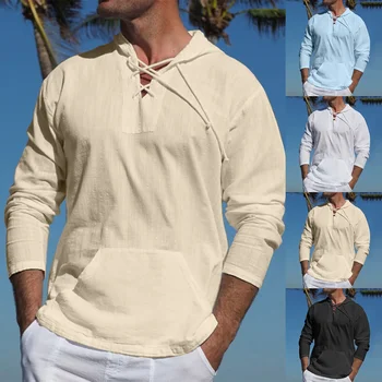 2023 Vyriški pavasario/vasaros dideli laisvalaikio medvilnės kanapių dirželio kišeniniai marškinėliai su gobtuvu Marškinėliai ilgomis rankovėmis