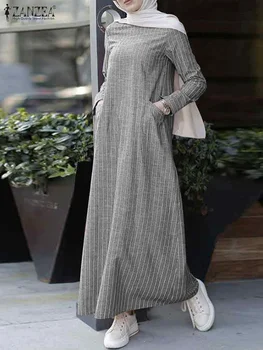 2023 ZANZEA Muslim Maxi suknelė Moteriška rudens dryžuota sundress Casual ilgomis rankovėmis Vestidos Moteriška O Kaklas Medvilninis chalatas oversize