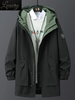 2024 Spring New Men Windbreaker Long Trench Paltas Juoda Žalia Fashion Letter Plus Size Overcoat With Zipper Overcoat Casual Jackets 8XL