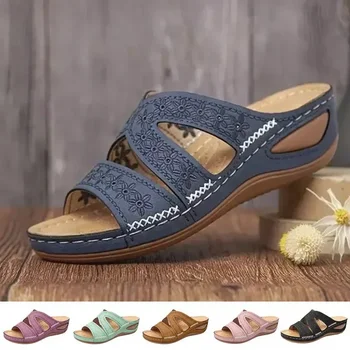 2024 Summer Women Wedge Sandals Premium Orthopedic Open Toe Sandals Vintage Anti-slip Leather Casual Female Platform Retro Batai