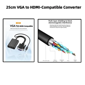 25cm VGA į HDMI suderinamas keitiklis Kompiuterio monitorius TV adapterio kabelio adapterio garsas
