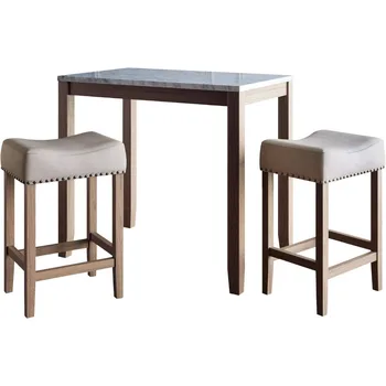 3 dalių valgomojo komplektas heigh virtuvės prekystalis baras arba pusryčių staliukas su marmuriniu viršumi ir medžiaginiu mediniu pagrindo sėdyne Sėdynė pilka/tamsiai ruda taburetė