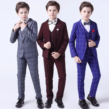 (3 elementai: iš Blazer+coat+Elastic Waist kelnių) Britų stiliaus aukščiausios klasės berniukų kostiumas, vienspalvis pledas plonas oficialus kostiumas