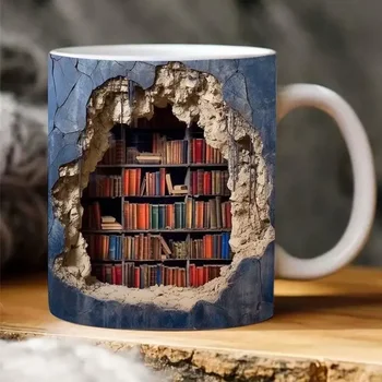 3D efektas Knygų lentyna Puodelis Kūrybinės erdvės dizainas Keraminių puodelių biblioteka 350ml puodelis Knygų mėgėjai Kavos puodelis Kalėdinės dovanos skaitytojams