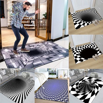 3D Sūkurio iliuzijos kilimas Nespalvotas miegamojo grindims Kilimėlis Abstraktus geometrinis optinis galvos svaigimas Neslidus svetainės kilimėlis Dekoras