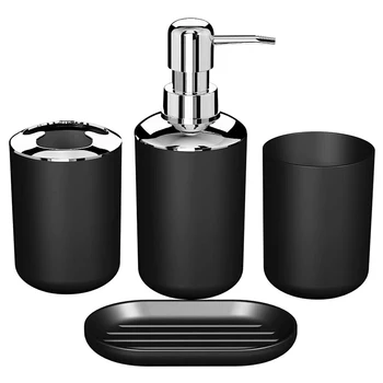 4 dalių plastikinis vonios aksesuarų rinkinys vonios tualeto šepetėlių priedų rinkinys su dantų šepetėlio laikikliu Dantų šepetėlio puodelis (juodas)