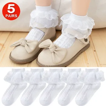 5Pairs Baby Girls Nėriniai Ruffle Frilly Princess Cotton Kojinės Kids White School Dance Short Sock Lot Pavasario vasara