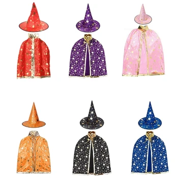 652F 2vnt Vaikai Vaikai Helovinas Raganų skrybėlės +Cape Masquerade Wizard Hat Cosplay kostiumas Helovino vakarėlis Puošnus suknelės dekoras