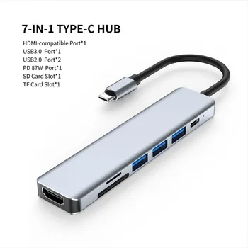 7 In 1 C tipo USB šakotuvas Septyni viename C tipo 4k 30 Hz USB skirstytuvas palaiko visus C tipo kanalų kompiuterius į USB, suderinamus su HDMI