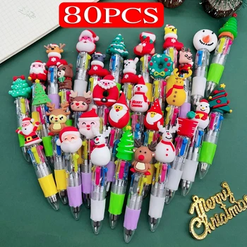 80Pcs/Lot Kawaii Christmas Mini Tušinukas Mielas animacinis filmas Mulitcolor rašikliai 4 spalvoti vaikai Mokyklos rašymo reikmenys Dovanos