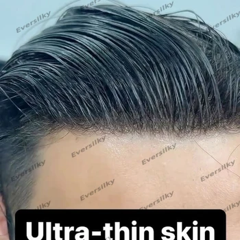 90Density Super Ultra Thin Skin Full Vlooped Base Men Toupee Natural Hairline 100% Žmogaus plaukų kapiliarinis protezas Man Wigs Unit