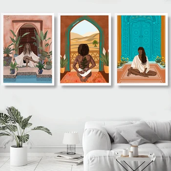 Abstract Yoga Girl Flower Maroko sienų meno drobės tapyba Šiaurės šalių plakatai ir spaudiniai Sieniniai paveikslėliai svetainės namų dekorui