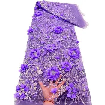 Afrikos klijai Blizgučiai nėrinių audinys Aukštos kokybės siuvinėjimas 3D gėlių seka Karoliukais Nėrinių audinys nuotakos medžiagai X3501
