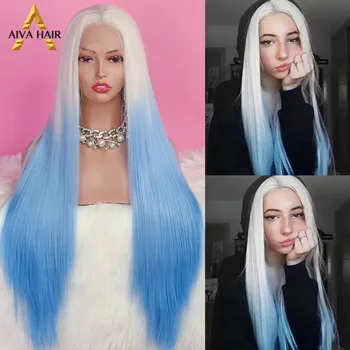 Aiva plaukai ombre mėlyni sintetiniai nėriniai priekinis perukas ilgas tiesus baltas perukas aukštos temperatūros pluoštas Cosplay sintetiniai perukai moterims