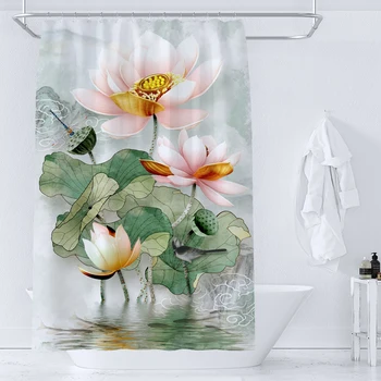 Akvarelės gėlių lotosas Augalų dušo užuolaidos Neperšlampamas poliesterio audinys Namų vonios kambario dekoravimo priedai Vonios užuolaida