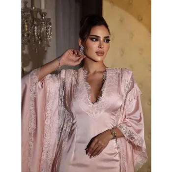Aleeshuo Sexy Baby Pink Prom suknelės ilgomis rankovėmis nėriniai V-Neck Formal Party Mermai Ankle-Length Dubai Arabicفساتين سهره فاخره 2024
