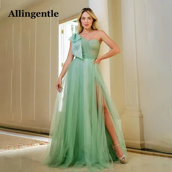 Allingentle Sage Green One Shoulder with Satin Bow Sweetheart Prom Party Dress Side Slit A-Line Tulle Maxi Gowns فساتين السهرة