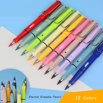 Amžinas pieštukas su trintuku Neribotas rašymo pieštukų skaičius Amžini trinami pieštukai vaikams Mokykliniai meno reikmenys 12 spalvų rinkinys