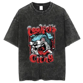 Anime Lookers Series Print Washed T Shirt Men, Harajuku Tshirt Streetwear, Hip Hop Unisex marškinėliai, Retro 100% medvilnės viršutiniai trišakiai