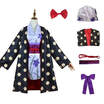 Anime Miss Allsunday Nico Robin Cosplay kostiumas Moterys Kimono suknelė Perukas Galvos apdangalas Violetinė apranga Helovino karnavalo vakarėlio kostiumas