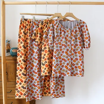 Apvalaus kaklo megztinių marškinių viršus su ilgomis kelnėmis Spausdinta medvilnė Vasara ir ruduo Plonos moteriškos trumpomis rankovėmis ilgos kelnės Pižamos komplektas