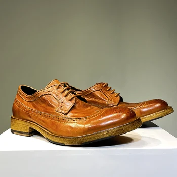 Apvalus pirštų blokas Brogue raižyti vyriški batai Retro vintažinė tendencija Oficialūs verslo laisvalaikio vyriški odiniai batai storais padais