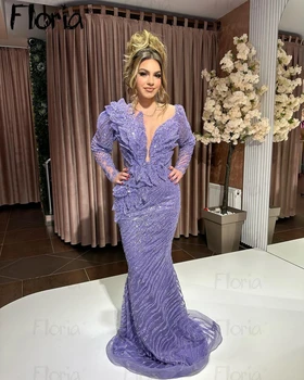 Arabiška violetinė elegantiška vakarinė suknelė V kaklas ilgomis rankovėmis Undinėlė Vestuviniai chalatai Nuotakos įžymybių suknelė 2024 Oficiali prom suknelė