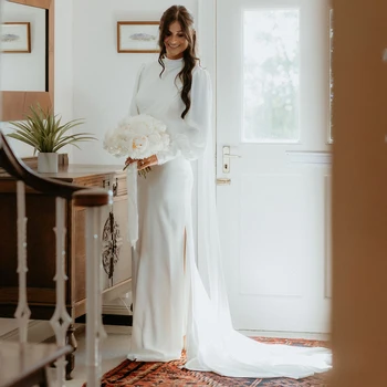 Aukšta apykaklė Ilgos pūstos rankovės Drape Satin vestuvinė suknelė be nugaros Pagaminta plius dydžio aukšto padalijimo paprasti elegantiški nuotakos chalatai