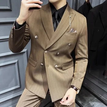 Aukštos kokybės 3 vnt. Vyriški kostiumai (Blazer+liemenė+Kelnės) Dryžuoti dviviečiai Laisvalaikio verslo formalūs kostiumai Biuro vyriški drabužiai